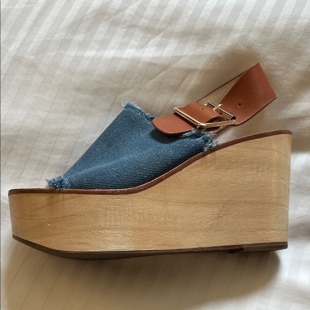 Stylish Denim and Tan Wedge Sandals